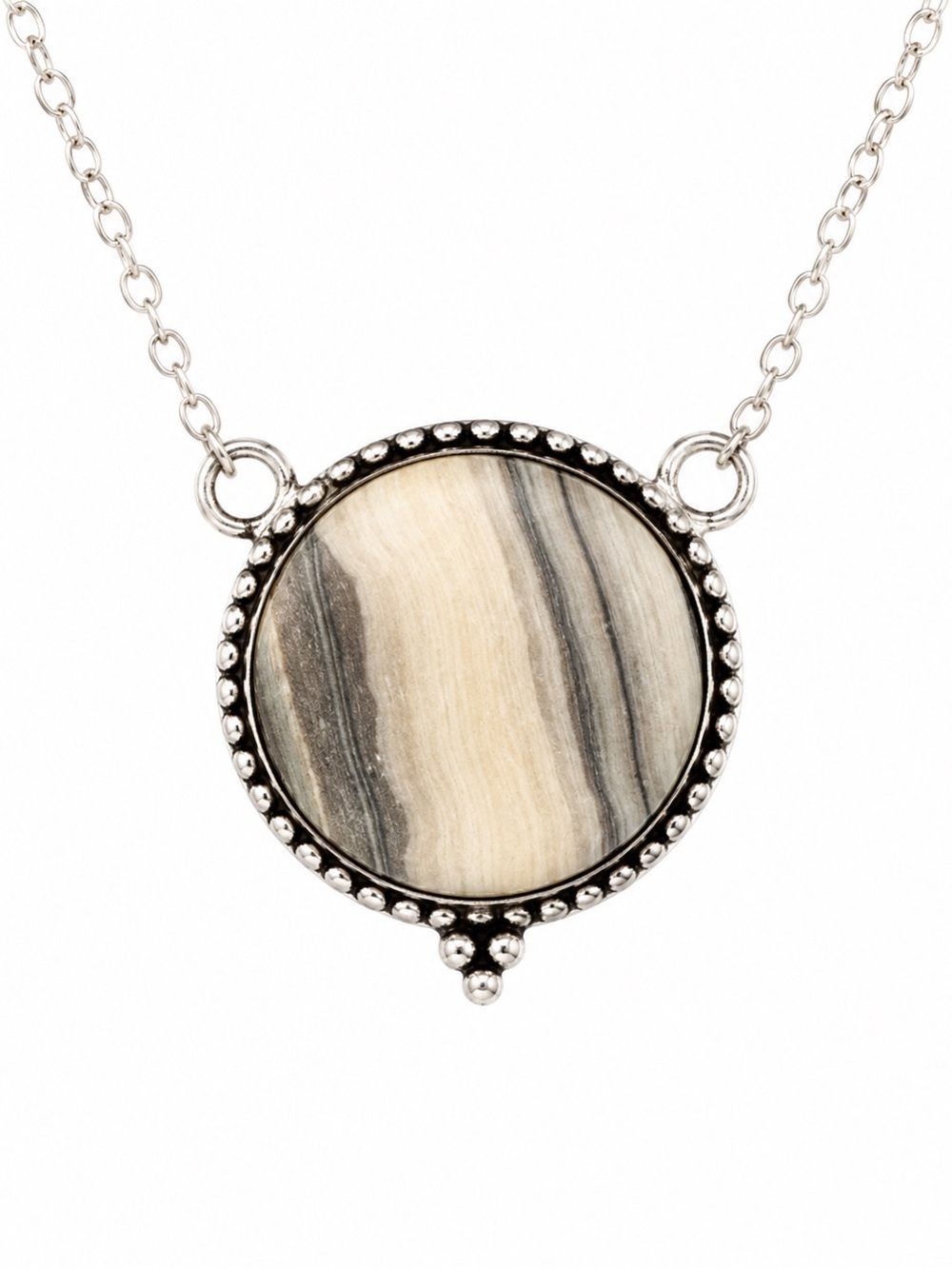 Sterling Silver Zebra Stone Round Pendant Necklace - Neutral Striped